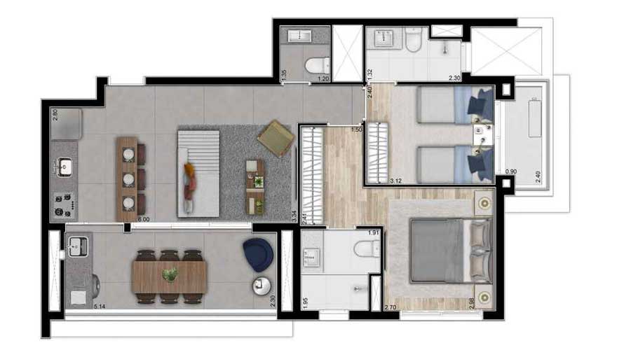 Planta de 75m² - Ambience Vila Mariana