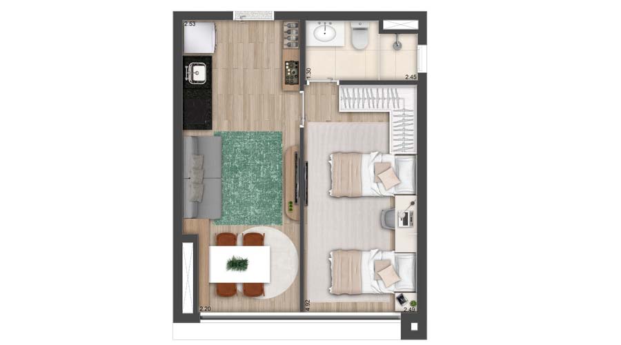 Planta 2 de 36m² - 1 Suíte