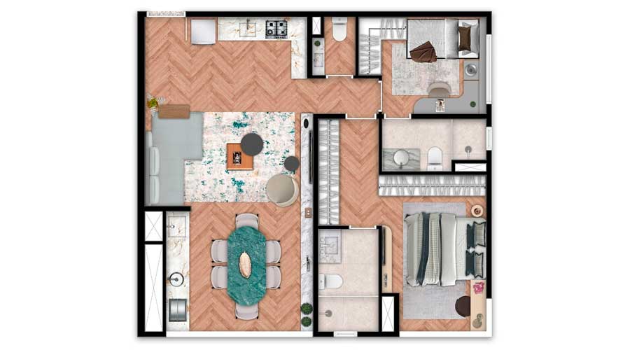 Planta DF345 - 75m² - 2 Suítes