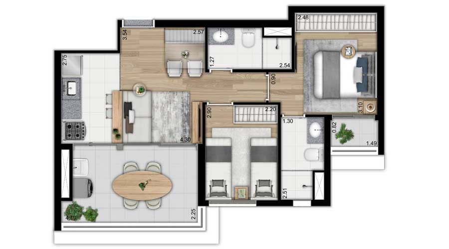 Planta de 56m² - Nattur Nova Klabin