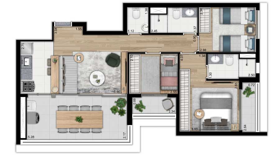 Planta de 79m² - Nattur Nova Klabin