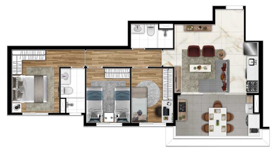 Planta de 68m² - Side Barra Funda