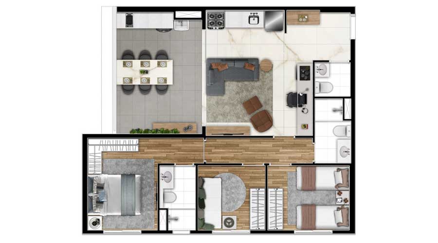 Planta de 74m² - Side Barra Funda