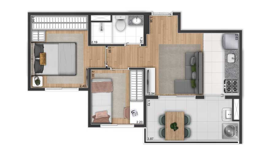 Planta de 40m² - Side Sacomã