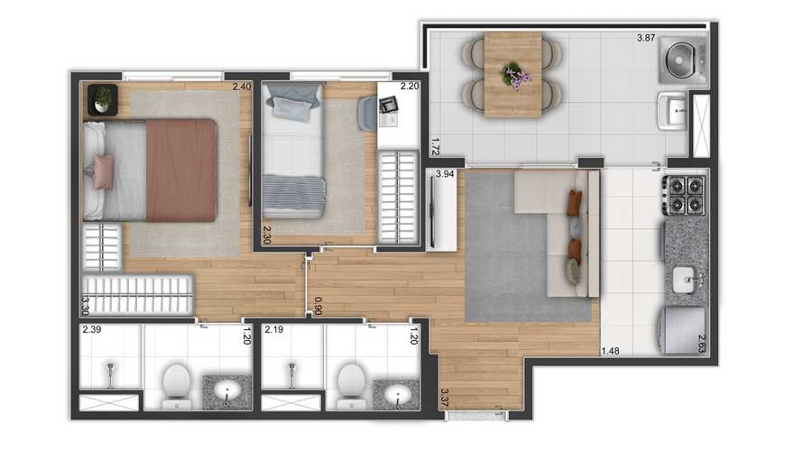 Planta de 44m² - Side Sacomã