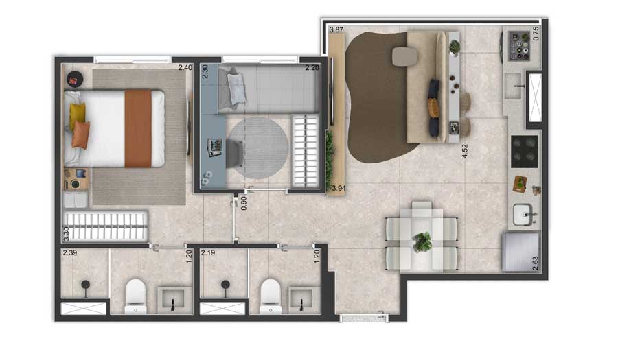 Planta de 44m² - Side Sacomã