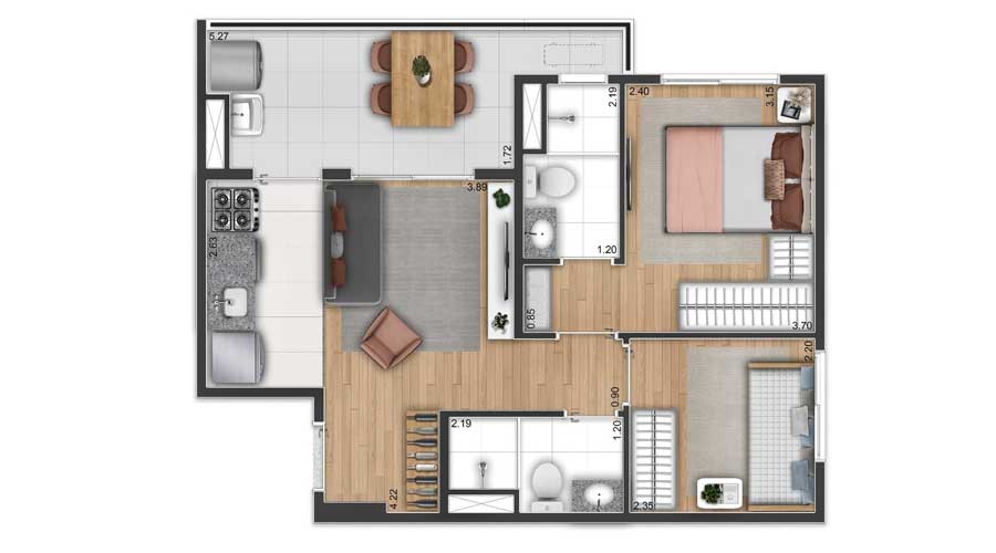 Planta de 46m² - Side Sacomã