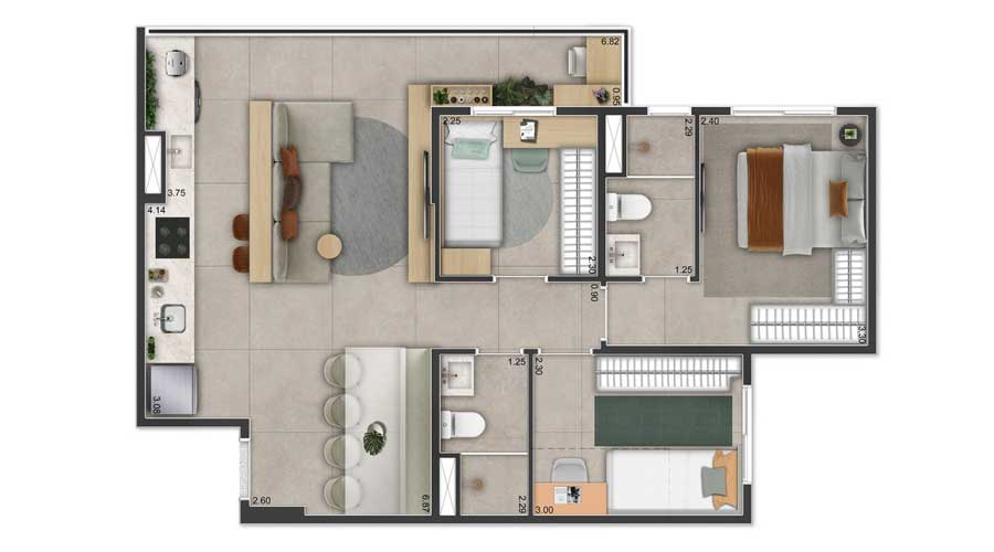 Planta de 65m² - Side Sacomã
