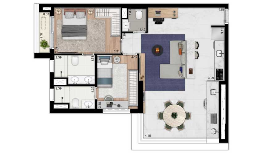 Planta de 77m² - Vista Campo Belo